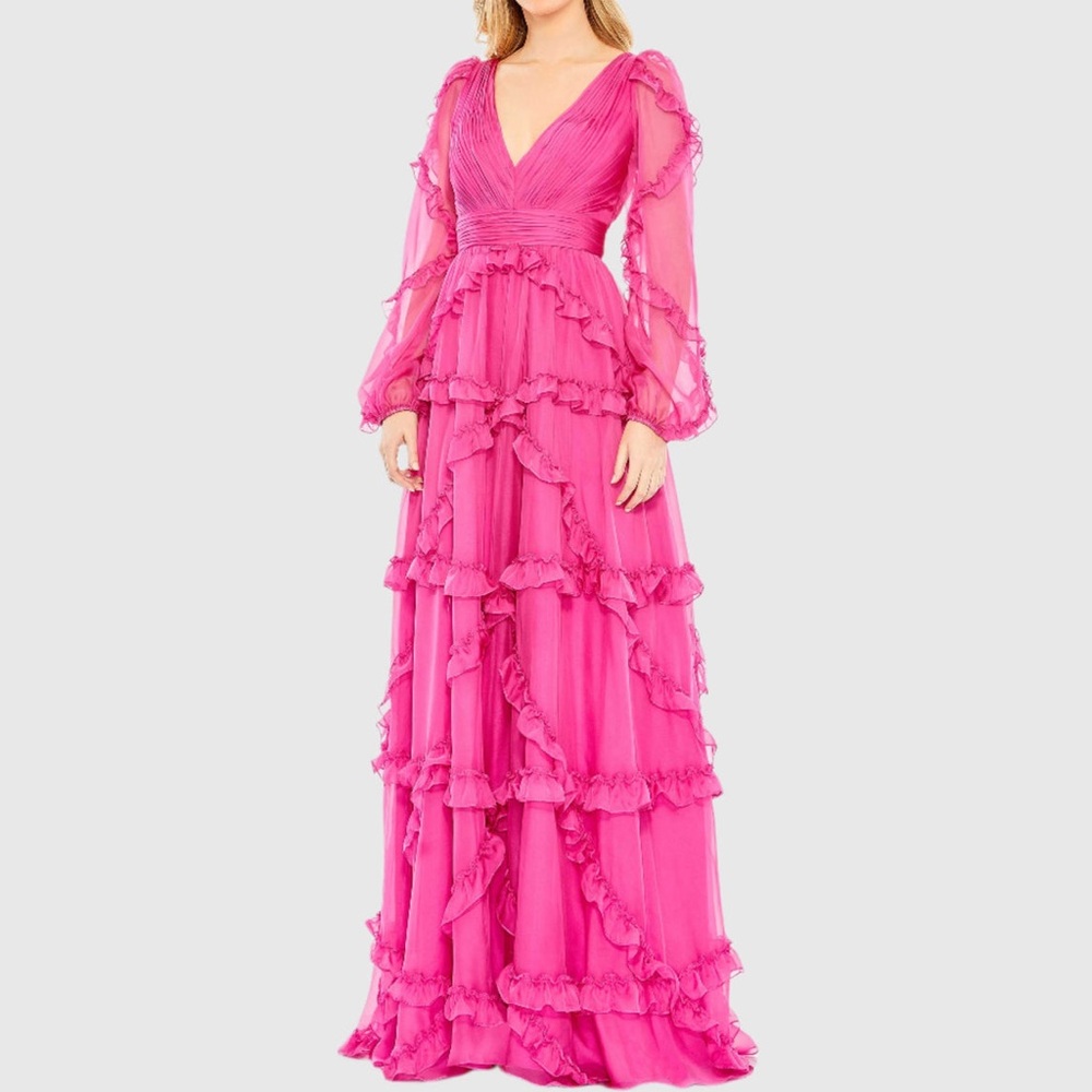 Mac Duggal Hot Pink Ruffled Chiffon Maxi Dress